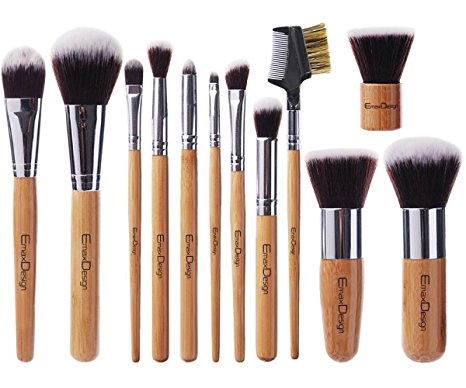 EmaxDesign Makeup Brush Set Professional 12 Pieces Bamboo Handle Premium Synthetic Kabuki Foundation Blending Blush Concealer Eye Face Liquid Powder Cream Cosmetics Brushes Kit With Bag