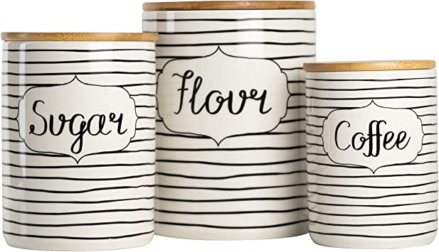 10 Strawberry Street Everyday Coffee, Sugar, Flour Kitchen Canister Set, 3 Piece, Black/White