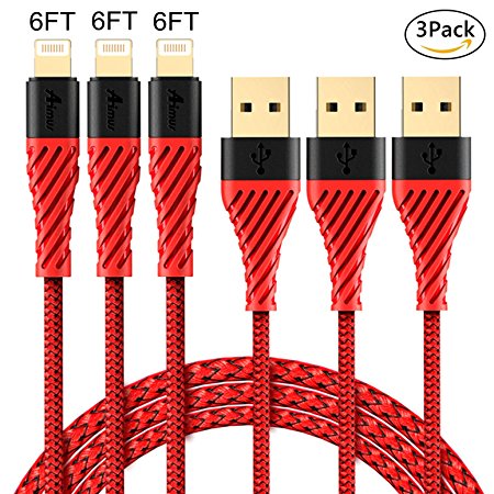 Aimus iPhone Charger Lightning Cable 3 Pack Nylon Braided Fast Charging Cables Lightning to USB Charging Cord for iPhone X/8/8 Plus/7/7 Plus/6/6 Plus/5/5S/5C/SE, iPad Air iPod, 6FT 6FT 6FT-RED