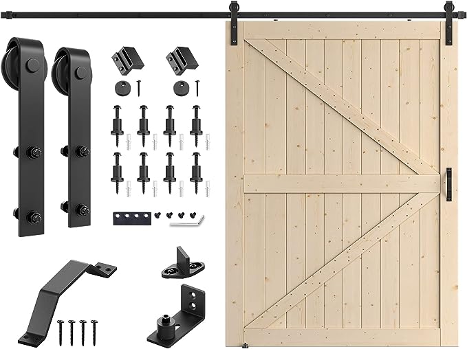 SMARTSTANDARD 60in x 84in Sliding Barn Door with 10ft Barn Door Hardware Kit & Handle, Pre-Drilled Ready to Assemble, DIY Unfinished Solid Spruce Wood Panelled Slab, K-Frame, Natural