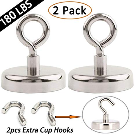 EVISWIY Strong Fishing Magnets Neodymium Rare Earth 180 LBS for Treasure Hunting Retrieving Salvage with 2 PCS Cup Hooks Dia. 48MM 1.89" Heavy Duty Magnetic Hooks for Hanging
