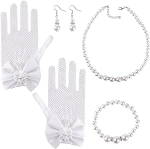 Yolev 4 Pcs Girls Pearl Necklace Bracelet Earrings Jewelry Sets and White Lace Communion Glove Girls Princess Pageant Gloves for Children Wedding Pageant Halloween Cosplay (Suitable for ages 12 )