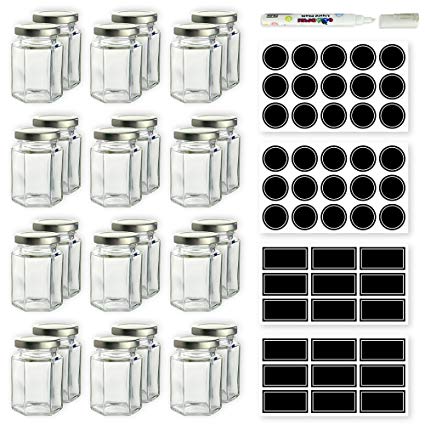 Hexagon Glass Jars - 4 oz Set of 24 Glass Jars with Silver Caps with Chalkboard Labels and Marker - Perfect for Spices, Honey, Canning, Gifts and Crafts