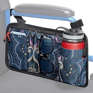 JOYTUTUS Walker Side Bag, Wheelchair Armrest Storage Pouch with Cup Holder, Wheelchair Accessories for Seniors, Walker Bag Cup Holder for Walker, Rollator, Electric Scooter or Wheelchair Blue