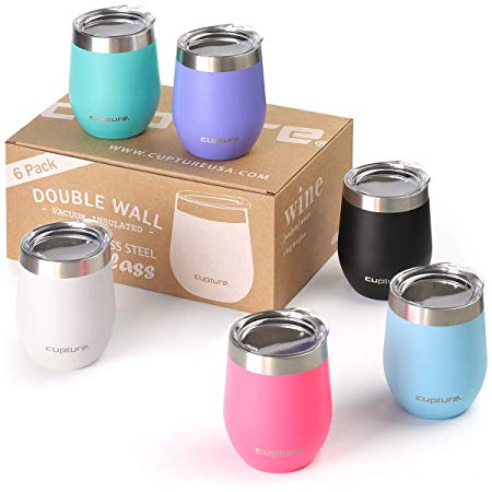 Cupture Stemless Wine Glasses 12 oz Vacuum Insulated Tumbler with Lids - 18/8 Stainless Steel (Assorted Colors)