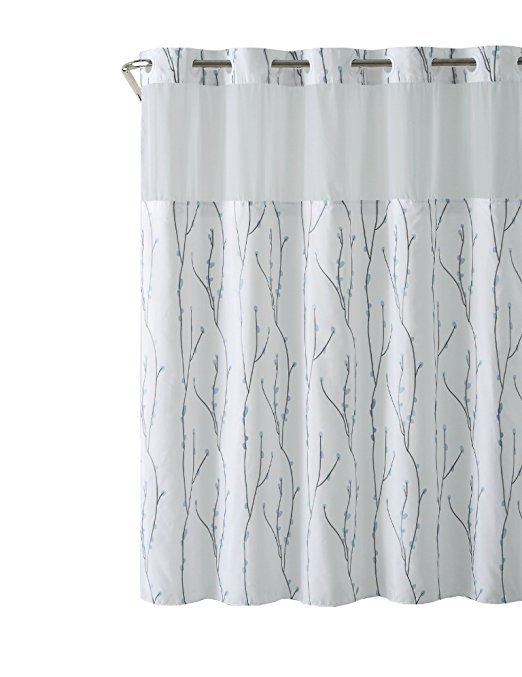 Hookless RBH40MY079 White Blue Cherry Bloom Shower Curtain with PEVA Liner