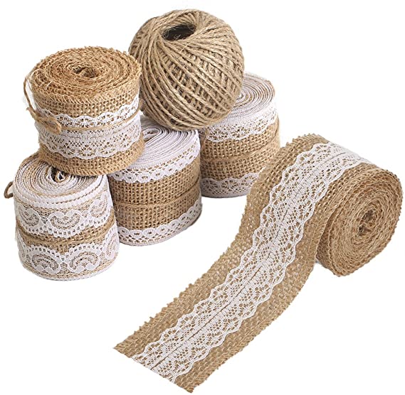 Tenn Well Lace Burlap Ribbons, 33 Feet 2 inch Burlap Ribbon Rolls with Jute Twine for Gift Wrapping DIY Crafts Weddings (5PCS X 6.6Feet)
