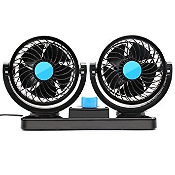 Xindell Car Cooling Fan 12V with 360° Rotatable Dual Head Adjustable Speed Dashboard and Detachable Velcro Tape