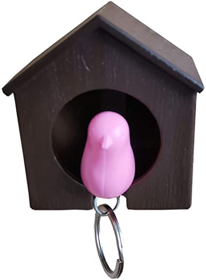 Birdhouse Key Ring - Brown House with Pink Bird