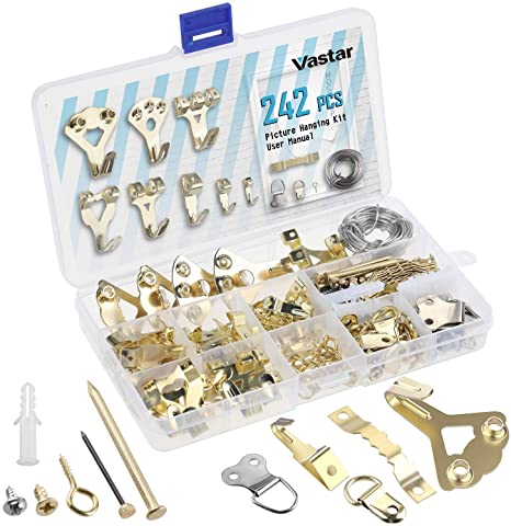 Vastar Picture Hangers Kit, 242 Pieces Heavy Duty Picture Hangers Photo Frame Hooks with Nails, Hanging Wire, Screw Eyes, D Ring and Sawtooth for Wall Mounting Holds 10-100 lbs,Golden