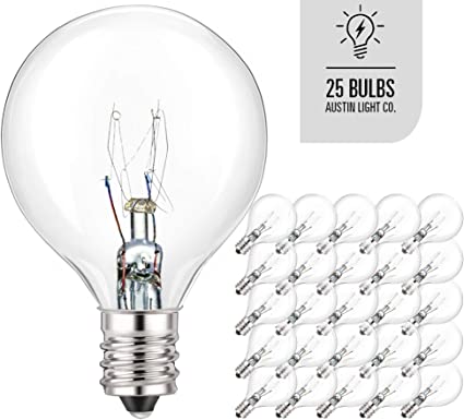 Austin Light Co. - Pack of 25 Glass Globe Light Bulbs – Clear G40 Size with Candelabra Screw Base – Incandescent Replacement Bulbs. C7 / E12 Base