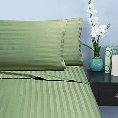 Elegant Comfort 1500 Thread Count -Damask Stripes- Egyptian Quality Luxurious Silky Soft Wrinkle & Fade Resistant 4 pc Sheet Set, Deep Pocket Up to 16" - Queen Green