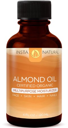 InstaNatural Sweet Almond Oil - 100% Pure & Certified Organic Almond Oil - Multipurpose Moisturizer for Face, Body & Nails - Cold Pressed, Unrefined & Natural Conditioner for Dry & Damaged Hair - 4 OZ