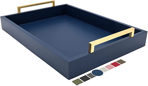 Montecito Home Decorative Coffee Table Tray (Twilight Blue) Modern Champagne Gold Handles