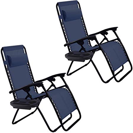 Goplus 2PC Zero Gravity Chairs Lounge Patio Folding Recliner Outdoor Yard Beach With Cup Holder(Blue)