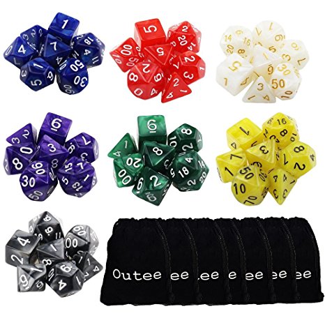 Outee 7 x 7 (49 Pieces) Polyhedral Dice 7 Colors 7-Die Series Dungeons and Dragons DND MTG RPG D20 D12 D10 D8 D6 D4 Game Dice Sets with Free Pouches