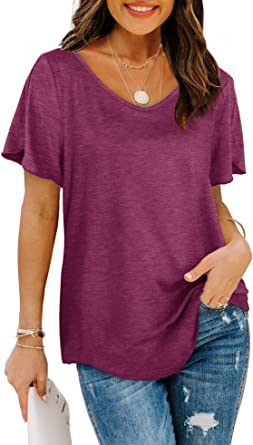 Womens Tshirts Short Sleeve V Neck Loose Fit Summer Casual Tops