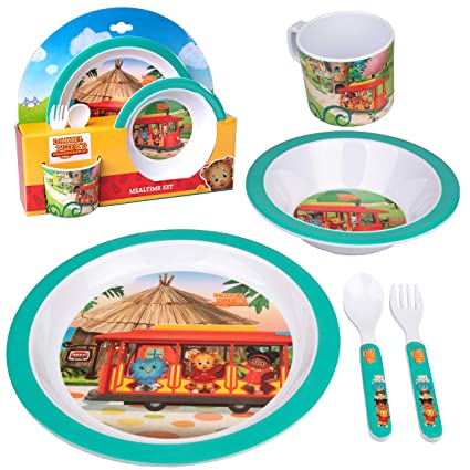 Daniel Tiger 5 Pc Mealtime Feeding Set for Kids and Toddlers - Includes Plate, Bowl, Cup, Fork and Spoon Utensil Flatware - Durable, Dishwasher Safe, BPA Free (Green)