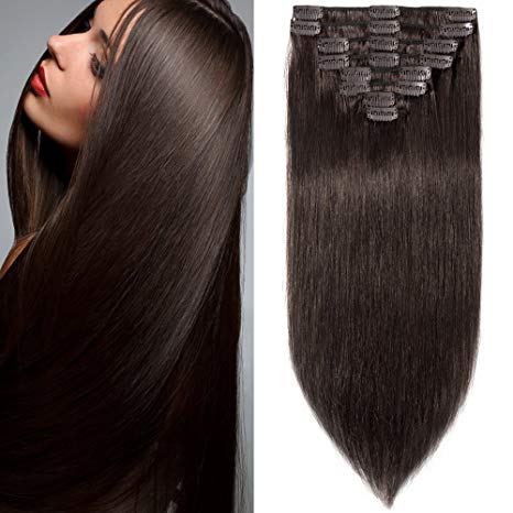 Clip in Hair Extensions Human Hair Full Head 8 Pieces 18 Clips 100% Real Silky Human Hair 18"-100g Dark Brown (#2)