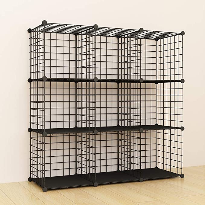 JOISCOPE Bookshelf with Multi-Function Space-Saving 9 Cubes Black Metal Organizer Wire Shelves Cubes Storage Portable Storage Shelf Racks