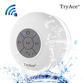 TryAce Wireless Bluetooth Waterproof Shower Speaker Handsfree Speakerphone Built in Mic Control Buttons and Dedicated Suction Cup for Showers, Pool, Boat, Car, Beach, &Outdoor(White)