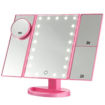 Lighted Makeup Mirror, Magicfly 10X 3X 2X 1X Magnifying Mirror 21 LED Lighted Tri-Fold Makeup Mirror with Touch Screen and 180° Adjustable Stand, Dual Power Mode Travel Beauty Mirror (Pink)