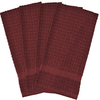 DII Cotton Waffle Terry Dish Towels, 15 x 26" Set of 4, Ultra Absorbent, Heavy Duty, Drying & Cleaning Kitchen Towels-Wine