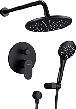 Shower System, Wall Mounted Shower Faucet Set for Bathroom with High Pressure 8" Rain Shower head and 3-Setting Handheld Shower Head Set, Pressure Balance Valve with Trim, Matte Black