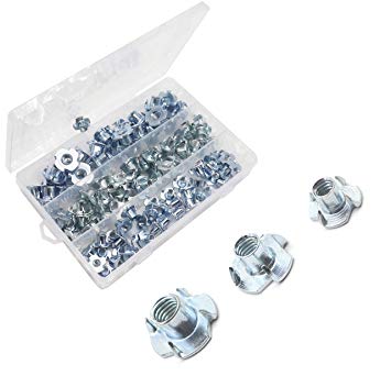 binifiMux 105 Pack 1/4"-20, 5/16"-18, 3/8"-16 4 Pronged Tee Nut Assortment Kit, Carbon Steel T-Nuts Zinc Plated