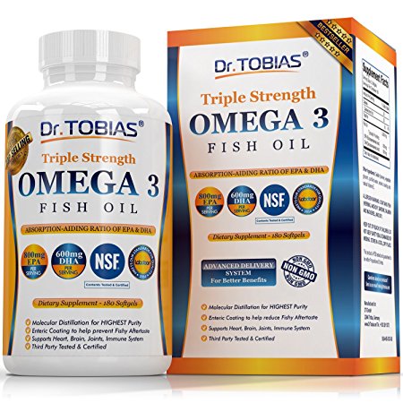 Dr.Tobias Omega 3 Fish Oil Pills 180 Counts Triple Strength Fish Oil Supplement (1,400Mg Omega 3 Fatty Acids: 600Mg Dha   800 Mg Epa Per Serving)