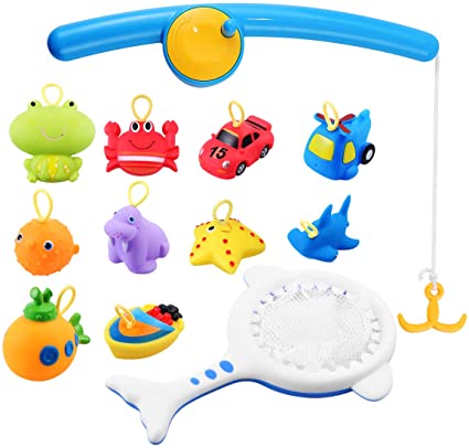TOYMYTOY Bath Toy, 12Pcs Fishing Floating Squirts Toy Bath Net, Toys Fish Net Game in Bathroom for Kids Toddler Baby Boys Girls, Bath Tub Spoon
