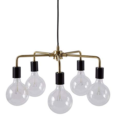 Rivet 5-Arm Mid Century Modern Ceiling Pendant Chandelier Fixture With 5 Light Bulbs - 20 x 20 x 36 Inches, Black and Brass Finish