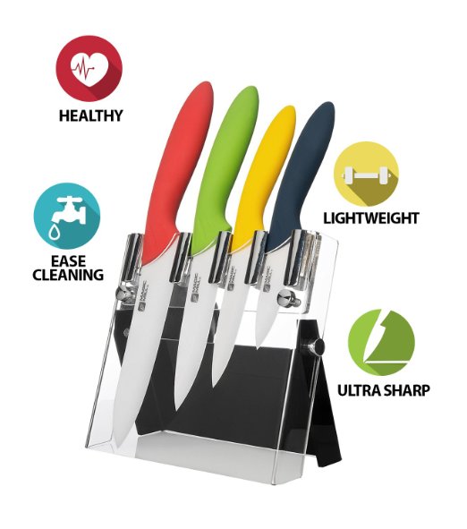 Magic Mill 9-Piece Premium Ceramic Knife Set- Multi Color, Never Rust or Stain Kitchen Knives- Blade Covers- Acrylic knife holder