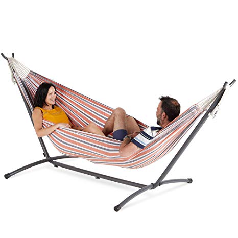 VonHaus 2 Person Hammock With Frame – 100% Cotton Fabric In Orange Stripe Stripe Standing Double Swinging Hammock with Sturdy Steel Frame for Outdoor, Garden and Patio