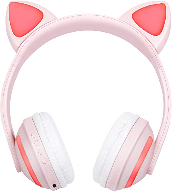 Treesine Wireless Bluetooth LED Cat Ear Headphones for Girls, Kids, 7-Color Color Changing Glowing Over Cosplay Cat Ears Gaming Headsets with Microphone for Smartphones PC Tablet (Pink)