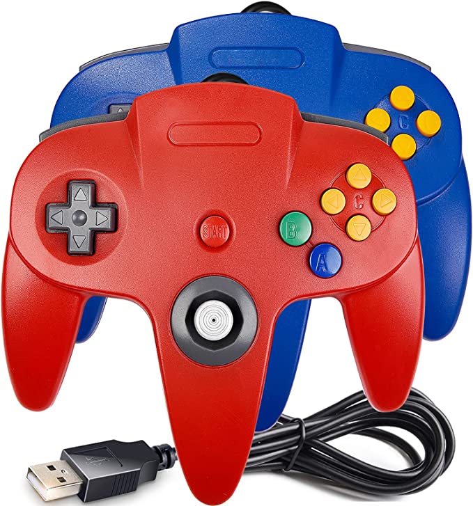 2 Pack USB N64 Controller, Wired PC Gamepad [3D Analog Stick] Compatible for Windows PC iOS MAC Linux Raspberry Pi Genesis Higan Project 64 Retropie OpenEmu Emulator (Plug & Play) (Red/Blue)