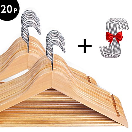 20-Pack Multifunctional High Grade Solid Wooden Suit Hangers, Coat Hangers, Natural Finish, 4 Free S Hooks