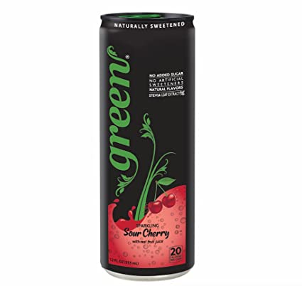 Green Sour Cherry- No added Sugar, 10% Real Sour Cherry Juice, 20 Calories per can, Naturally Sweetened with 100% Stevia Leaf Extract, Carbonated Soda, 12 Fl Oz each can - Pack of 12