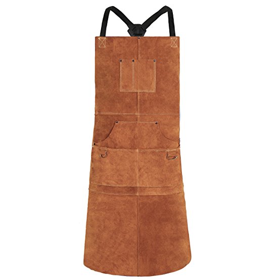 QeeLink Leather Welding Apron - Heat & Flame-Resistant Heavy Duty Work Apron with 6 Pockets, 42" Extra Long, Adjustable up to XXL for Men & Women (Brown)