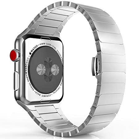 MoKo Band for Apple Watch Series 3 Bands, Stainless Steel Replacement Band Wrist Strap with Butterfly Buckle Clasp for iWatch 42mm 2017 Series 3 / 2 / 1 - Silver (Not Fit iWatch 38mm)