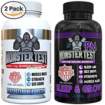 Testosterone Booster For Men-(2 Pk Bundle, 180 Tablets & Capsules) Monster PM contains Sleep Aid to Build Muscle Mass, Boost Energy & Drive-All Natural Ingredients-Made In The USA-Best Gift for Dad.