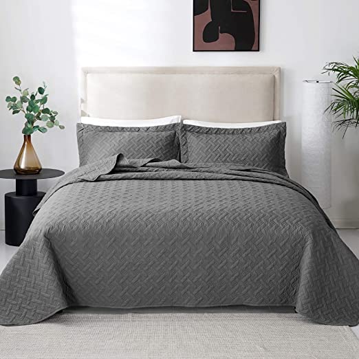 Love's cabin Summer Quilt Set Full/Queen Size (90x96 inches) Grey - Basket Pattern Lightweight Bedspread - Soft Microfiber Coverlet for All Season - 3 Piece (1 Quilt, 2 Shams)