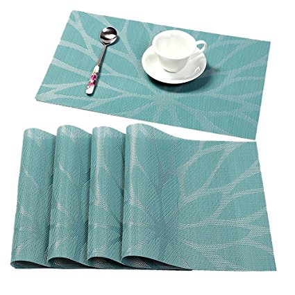 HEBE Washable Placemats for Dining Table Heat Insulation Stain Resistant Woven Vinyl Kitchen Table Mats Placemat Set of 4 (4, Blue)