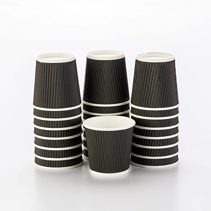 4 Ounce Paper Coffee Cups, 25 Ripple Disposable Paper Cups - Leakproof, Recyclable, Black Paper Hot Cups, Insulated, Matching Lids Sold Separately - Restaurantware