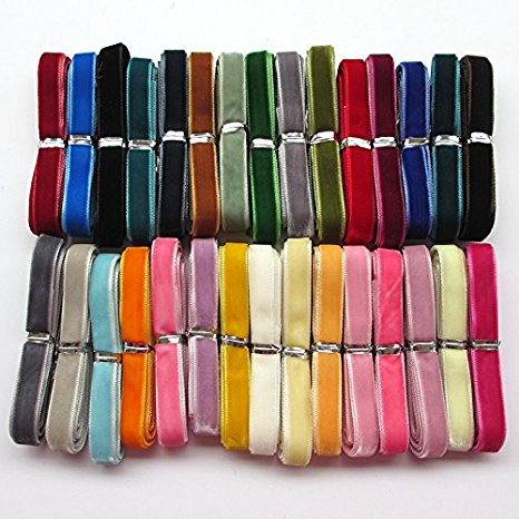 Chenkou Craft 30 Yards 3/8" Velvet Ribbon Total 30 Colors Assorted Lots Bulk