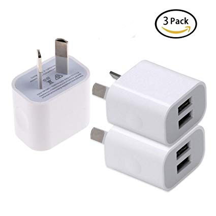 USB Wall Charger with AUS plug, Power Adapter Austronic 3-Pack (2.1Amp) Dual Port USB Charger Plug Box for iPhone X, 8, 8 Plus, 7, 7 Plus, 6, 6 Plus, 6S, 5S, iPad, iPod, Android Phones