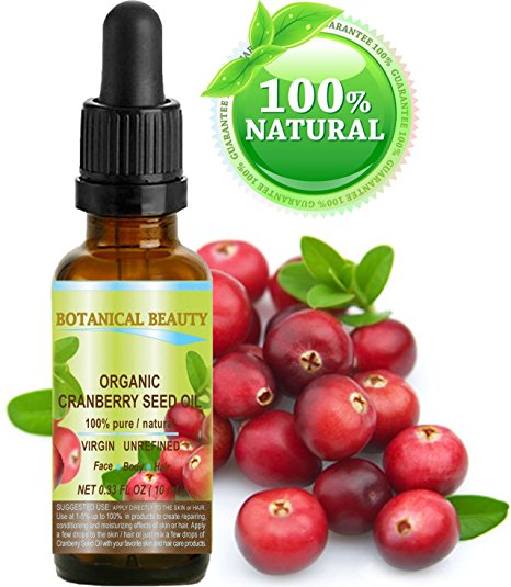 CRANBERRY SEED OIL ORGANIC 100% Pure / Natural / Undiluted/ Virgin. Cold Pressed / Undiluted Carrier Oil. For Face, Hair and Body. 0.33 fl.oz -10 ml. "One of the richest natural sources of vitamin A and a remarkable and stable source of omega 3 and 6, vitamins E and minerals. Nature’s Perfect moisturizer." by Botanical Beauty