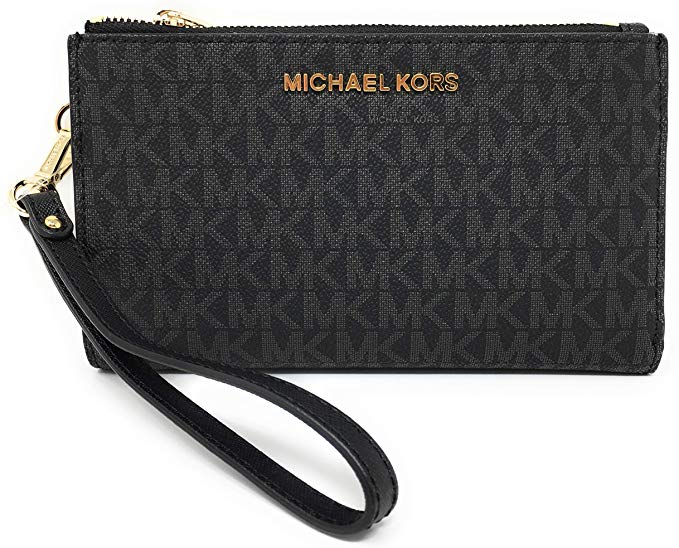 Michael Kors Jet Set Travel Double Zip Wristlet - Signature PVC (Black with Gold Hardware)