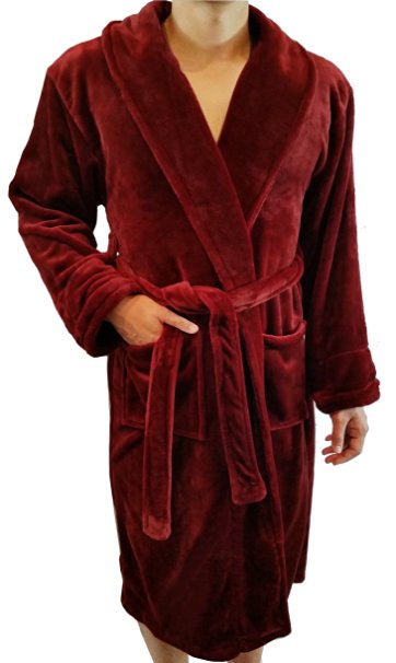 FASCIINO Men's Full Length Shawl Collar Velour Microfiber Fleece Bathrobe Spa Robe