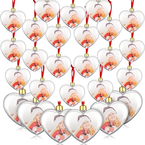 Photo Ornament Ball Plastic Christmas Hanging Photo Frame Ornament Christmas Photo Baubles for Christmas Valentine's Day Decor (Heart Style,12 Pcs)